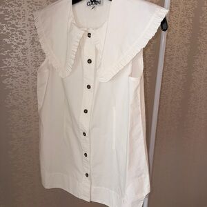 Ganni Cream Oversized Ruffle Collar Sleeveless Button-Up Top